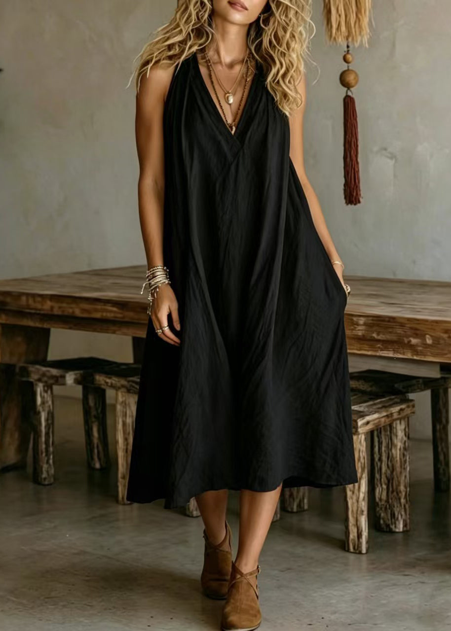 Simple Loose Yellow V Neck Cotton Maxi Dresses Sleeveless