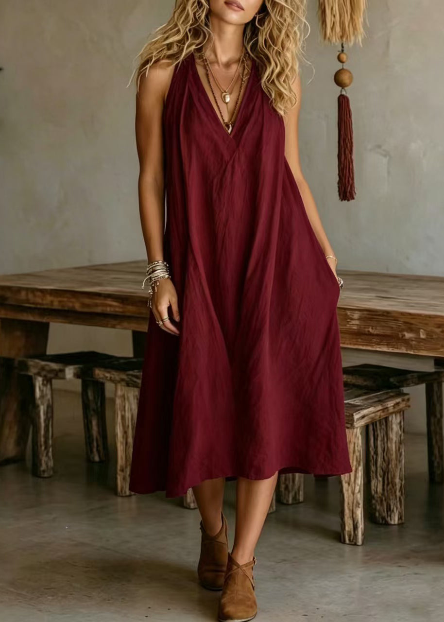 Simple Loose Yellow V Neck Cotton Maxi Dresses Sleeveless