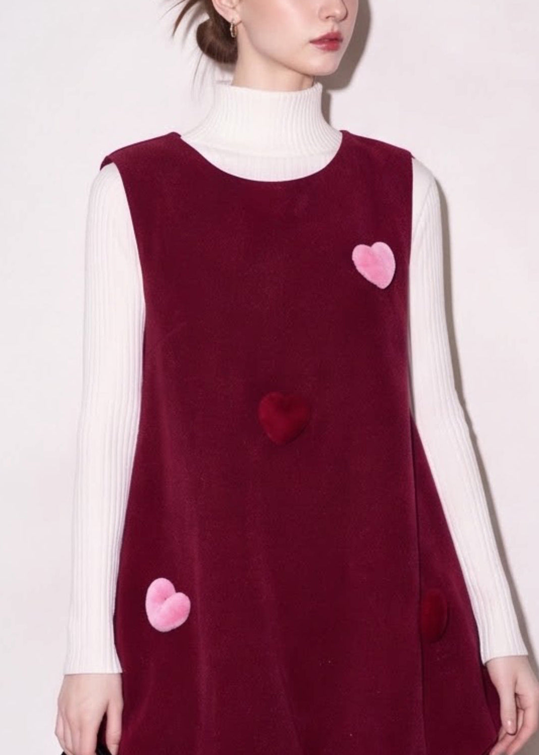 Simple Mulberry Hign Neck Knit Top And Stereoscopic Heart Bubble Vest Dress Two Pieces Set Fall