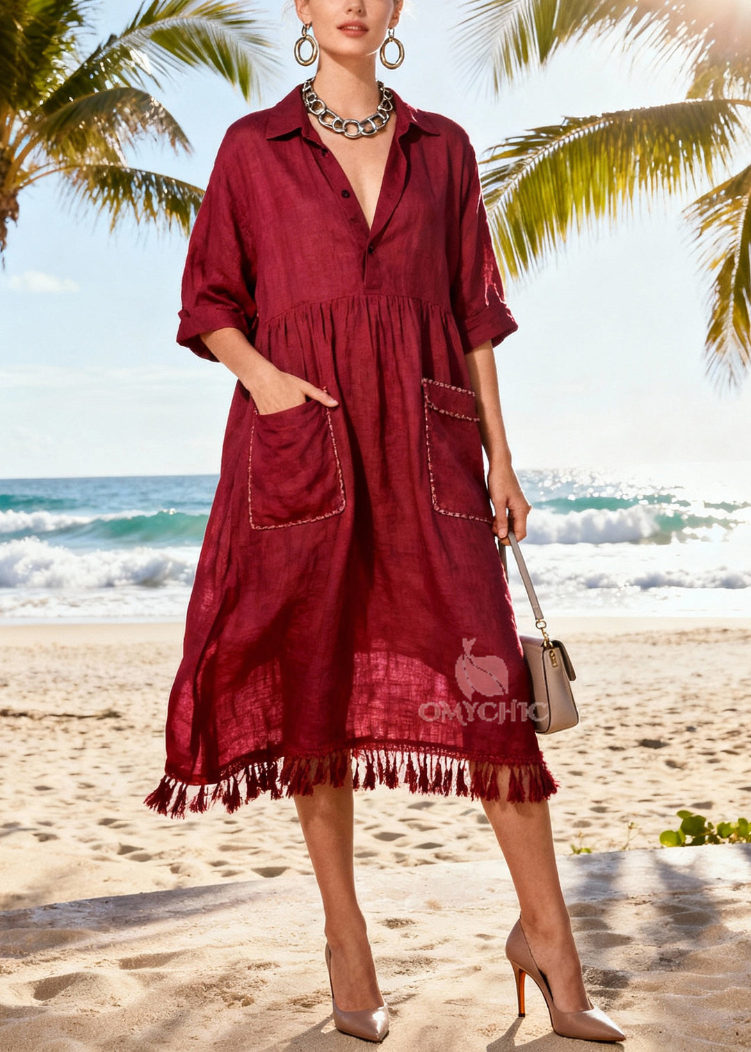 Simple Mulberry Tasseled Pockets Cotton Party Dress Summer