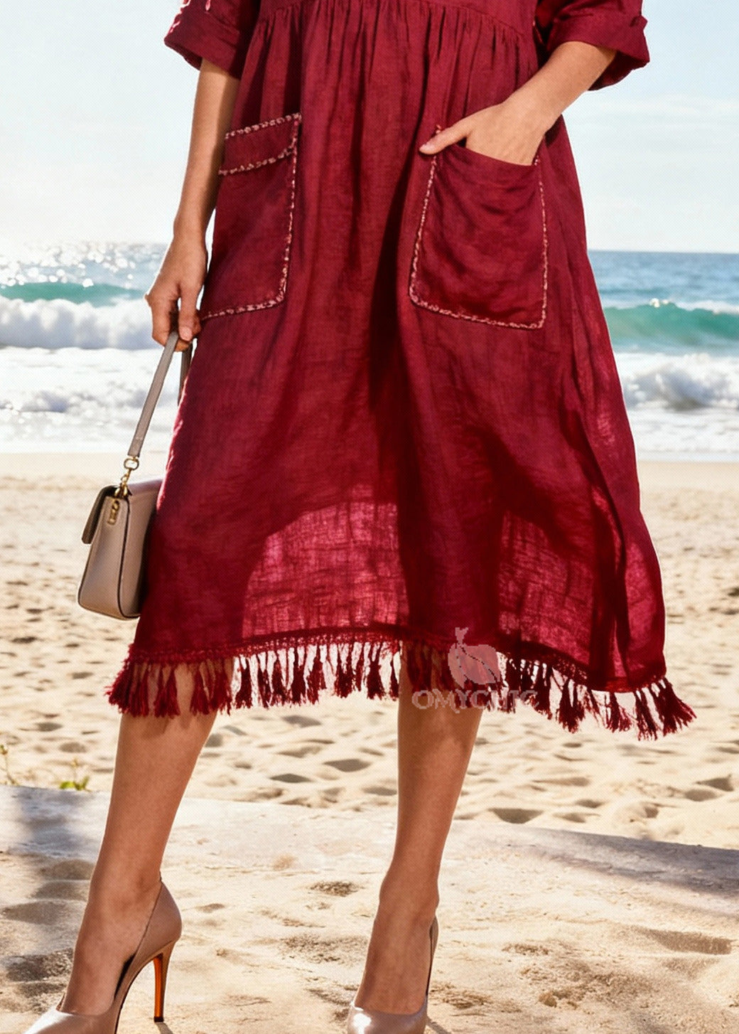 Simple Mulberry Tasseled Pockets Cotton Party Dress Summer