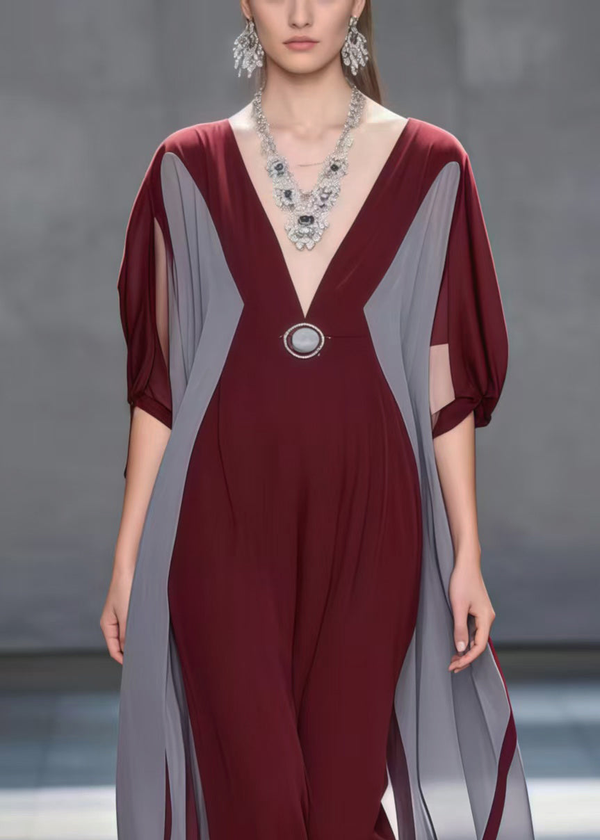 Simple Mulberry V Neck Patchwork Chiffon Holiday Dress Summer
