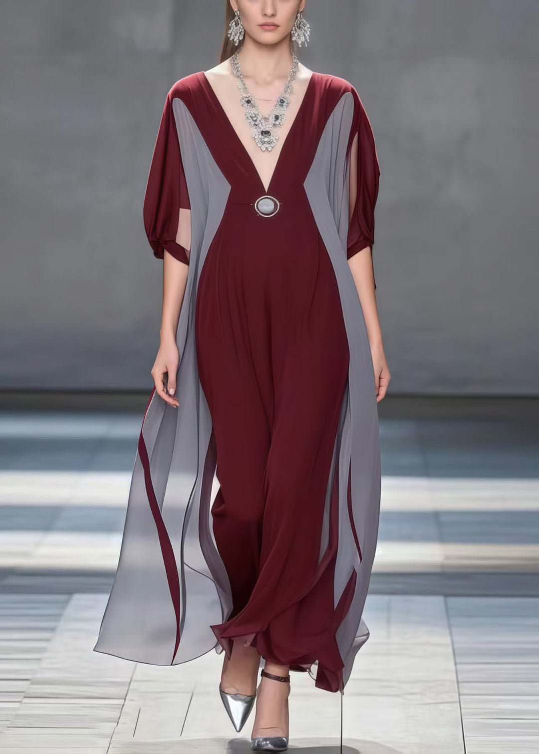 Simple Mulberry V Neck Patchwork Chiffon Holiday Dress Summer