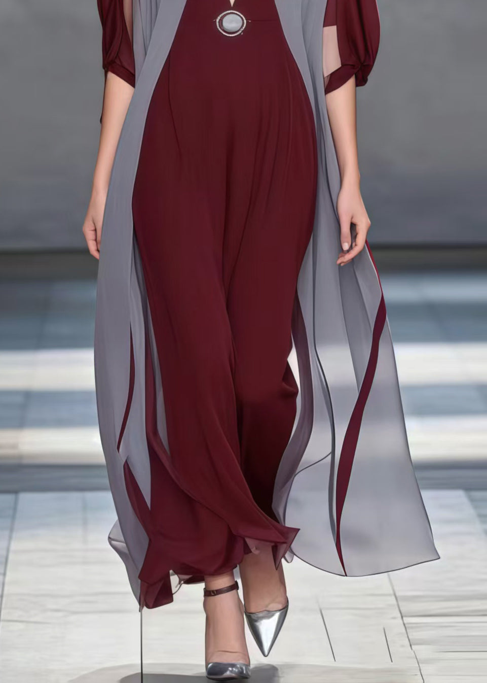 Simple Mulberry V Neck Patchwork Chiffon Holiday Dress Summer