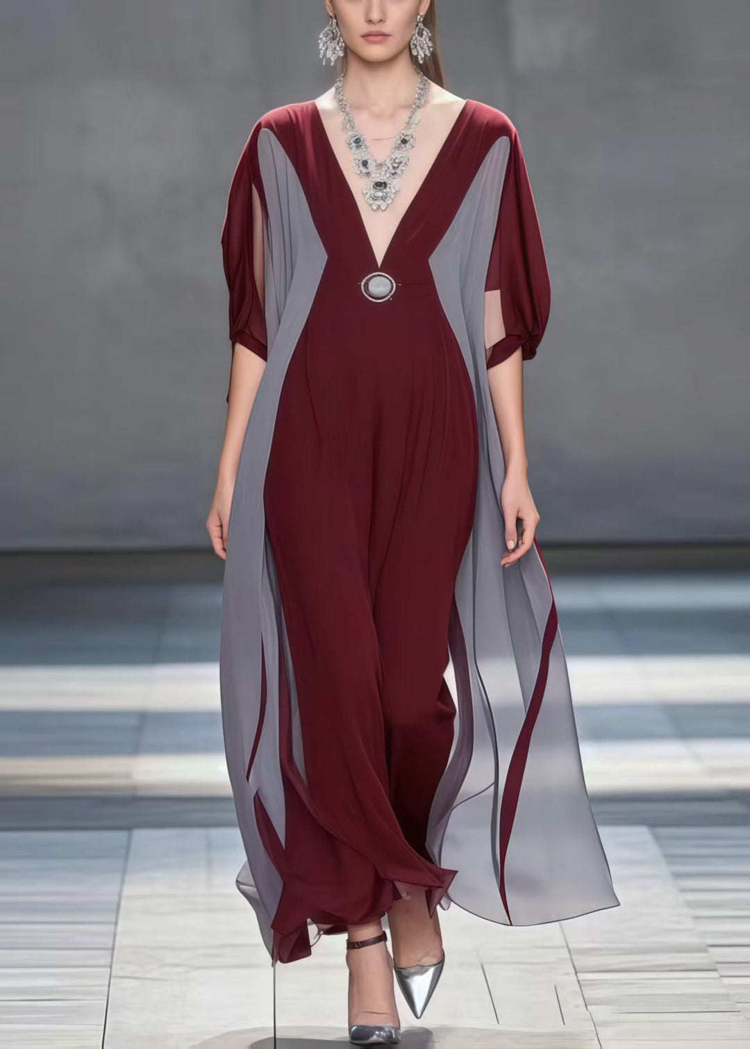 Simple Mulberry V Neck Patchwork Chiffon Holiday Dress Summer