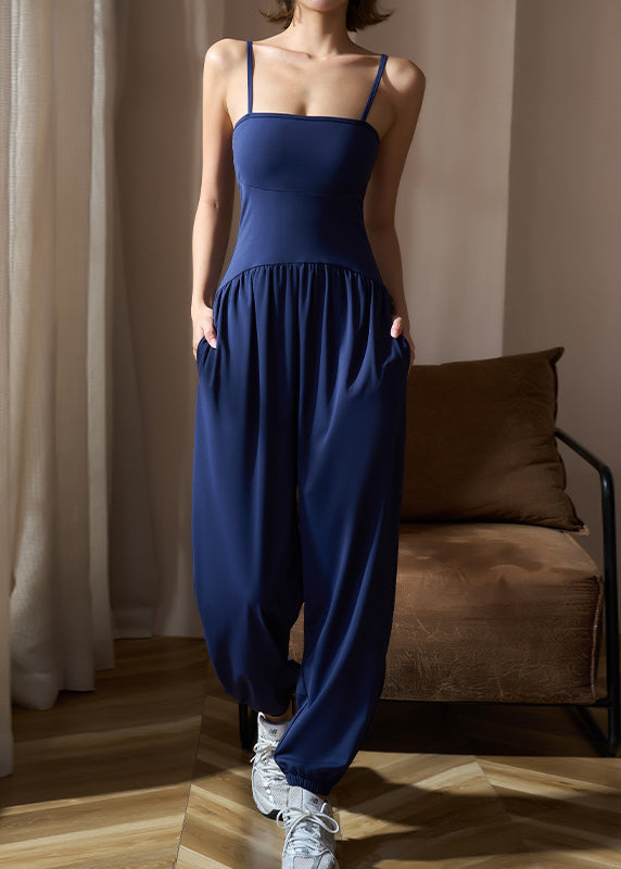 Simple Navy Blue Slash Neck One Piece Workout Suit