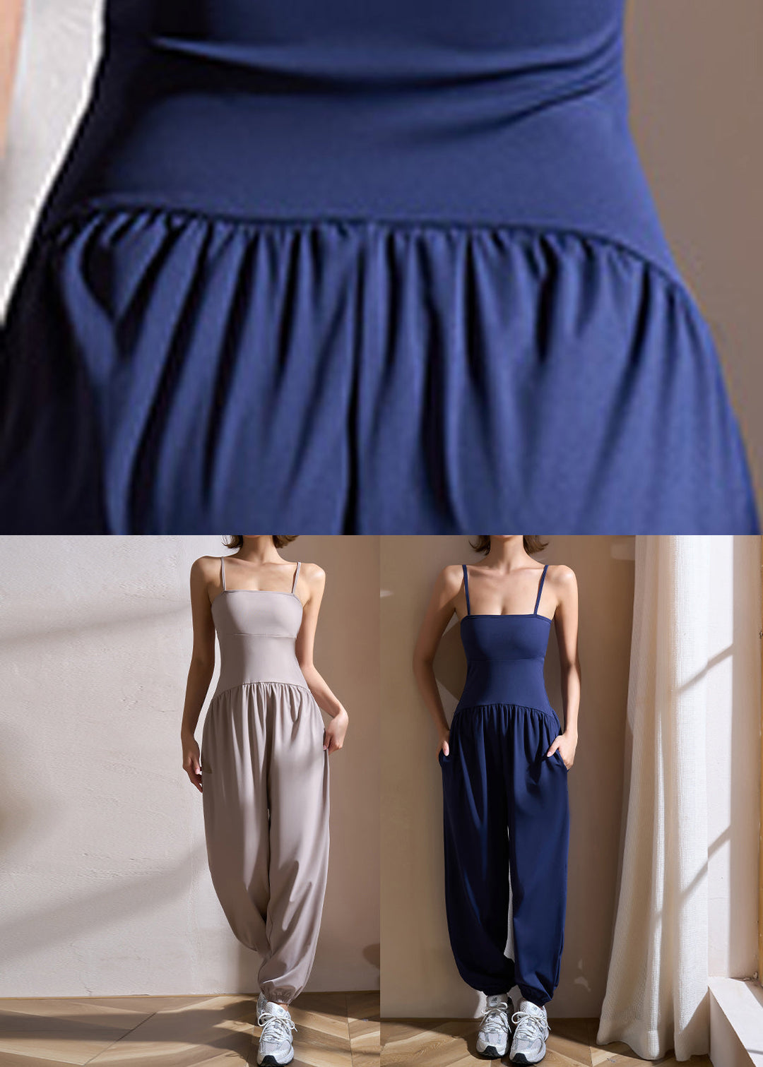 Simple Navy Blue Slash Neck One Piece Workout Suit