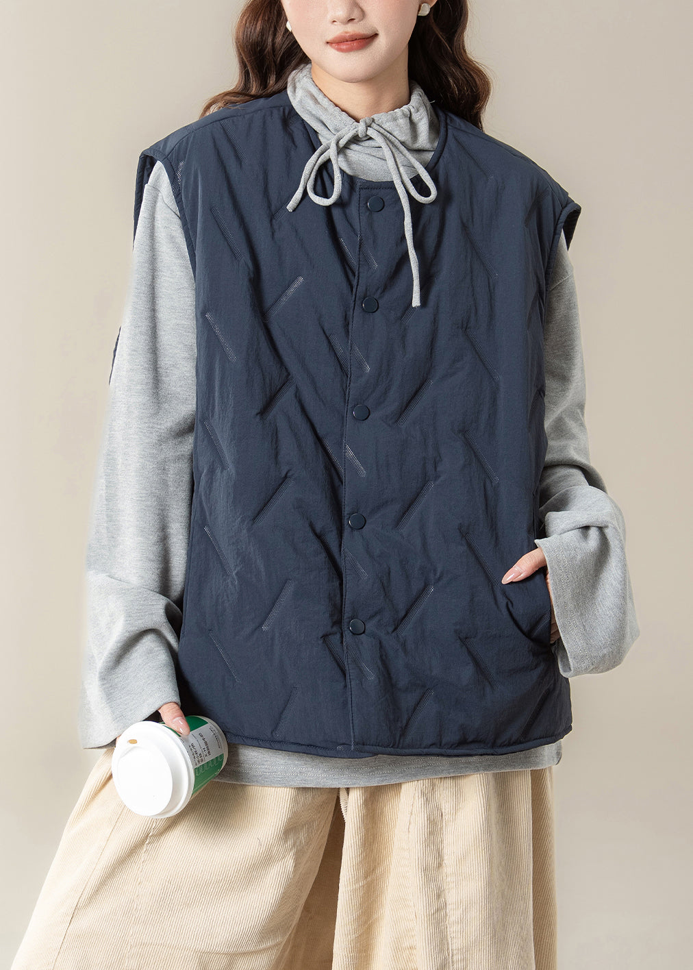 Simple Navy Button Pockets Cotton Filled Waistcoat Sleeveless