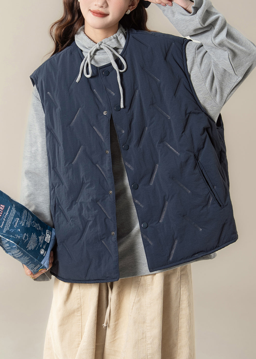 Simple Navy Button Pockets Cotton Filled Waistcoat Sleeveless