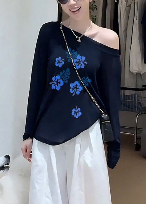 Simple Navy Cold Shoulder Print Cotton T Shirts Fall