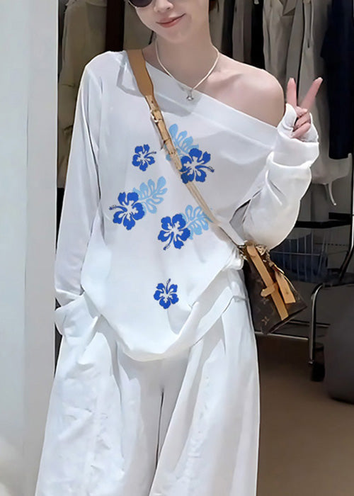 Simple Navy Cold Shoulder Print Cotton T Shirts Fall