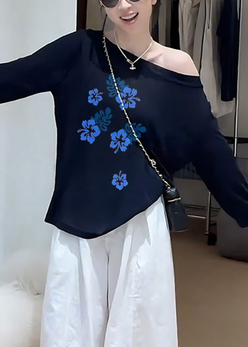 Simple Navy Cold Shoulder Print Cotton T Shirts Fall