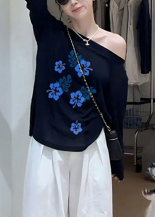 Simple Navy Cold Shoulder Print Cotton T Shirts Fall