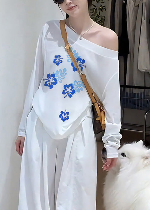 Simple Navy Cold Shoulder Print Cotton T Shirts Fall