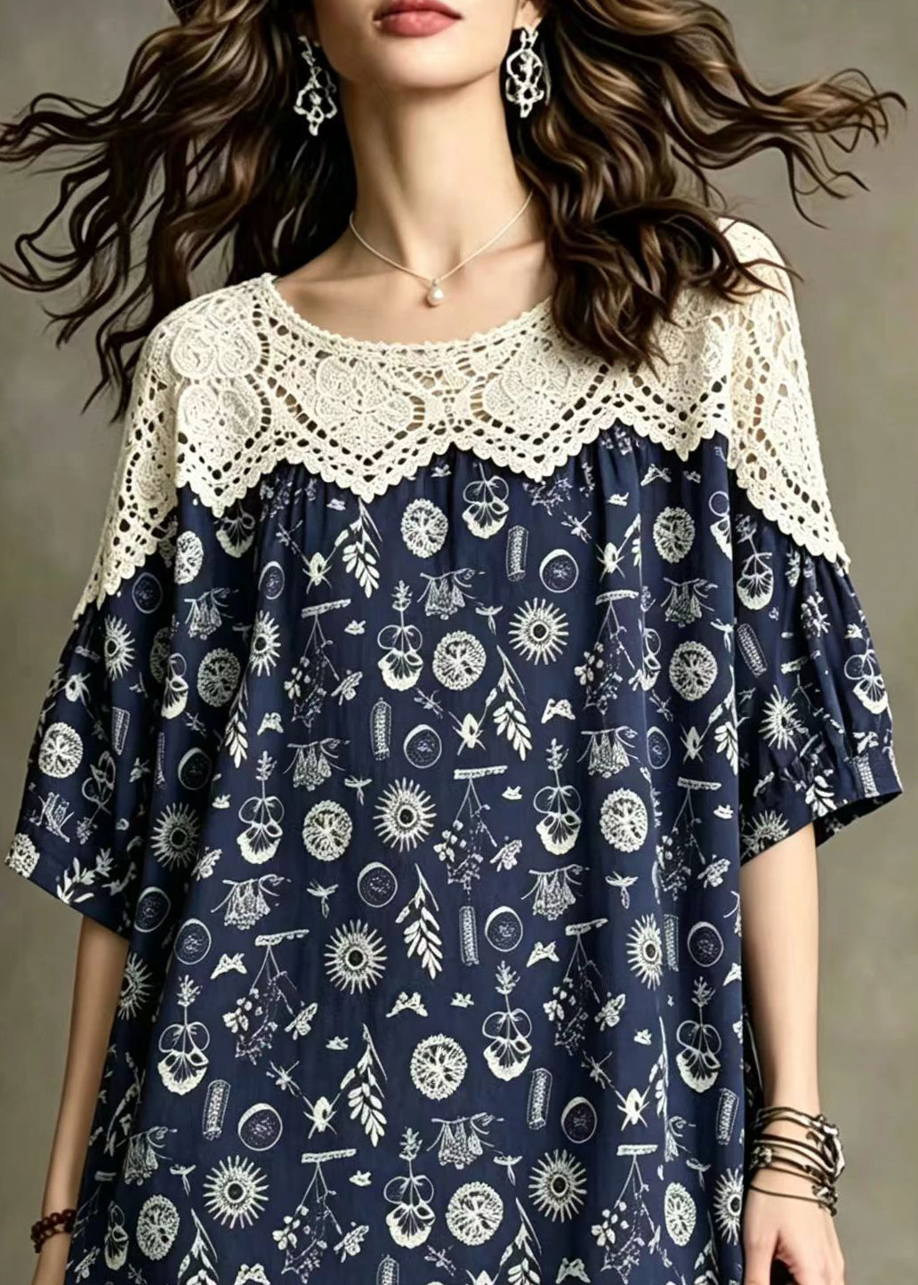 Simple Navy O-Neck Lace Patchwork Print Tops Half Sleeve
