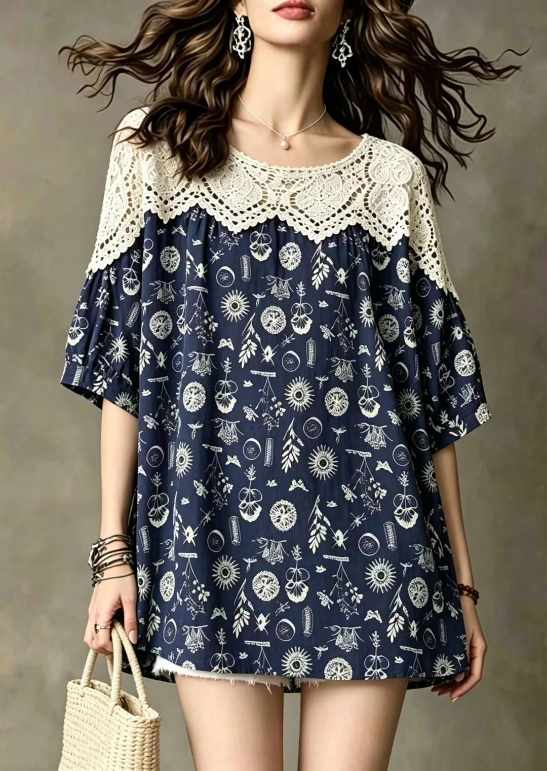 Simple Navy O-Neck Lace Patchwork Print Tops Half Sleeve