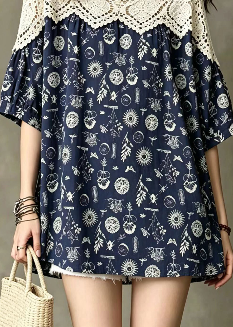 Simple Navy O-Neck Lace Patchwork Print Tops Half Sleeve
