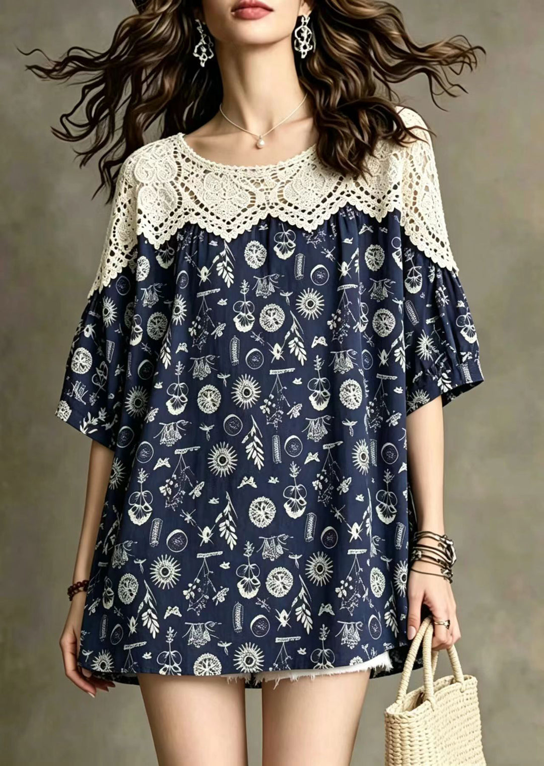 Simple Navy O-Neck Lace Patchwork Print Tops Half Sleeve