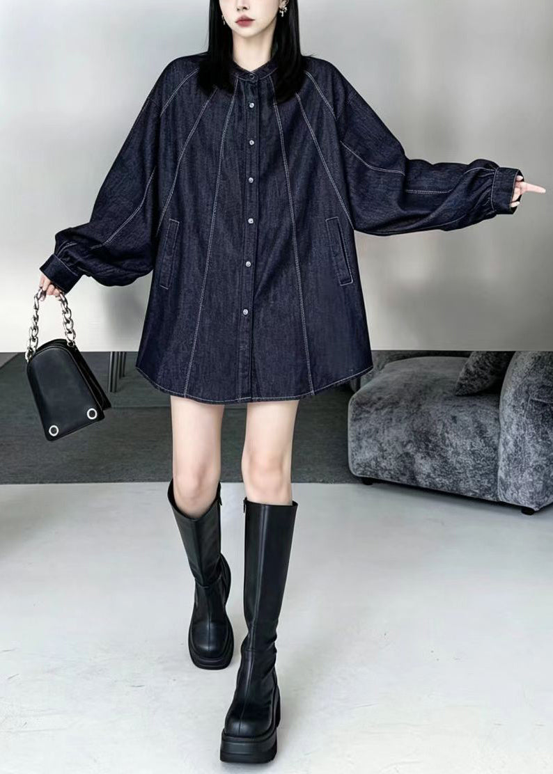Simple Navy Oversized Topstitching Denim Long Shirt Long Sleeves