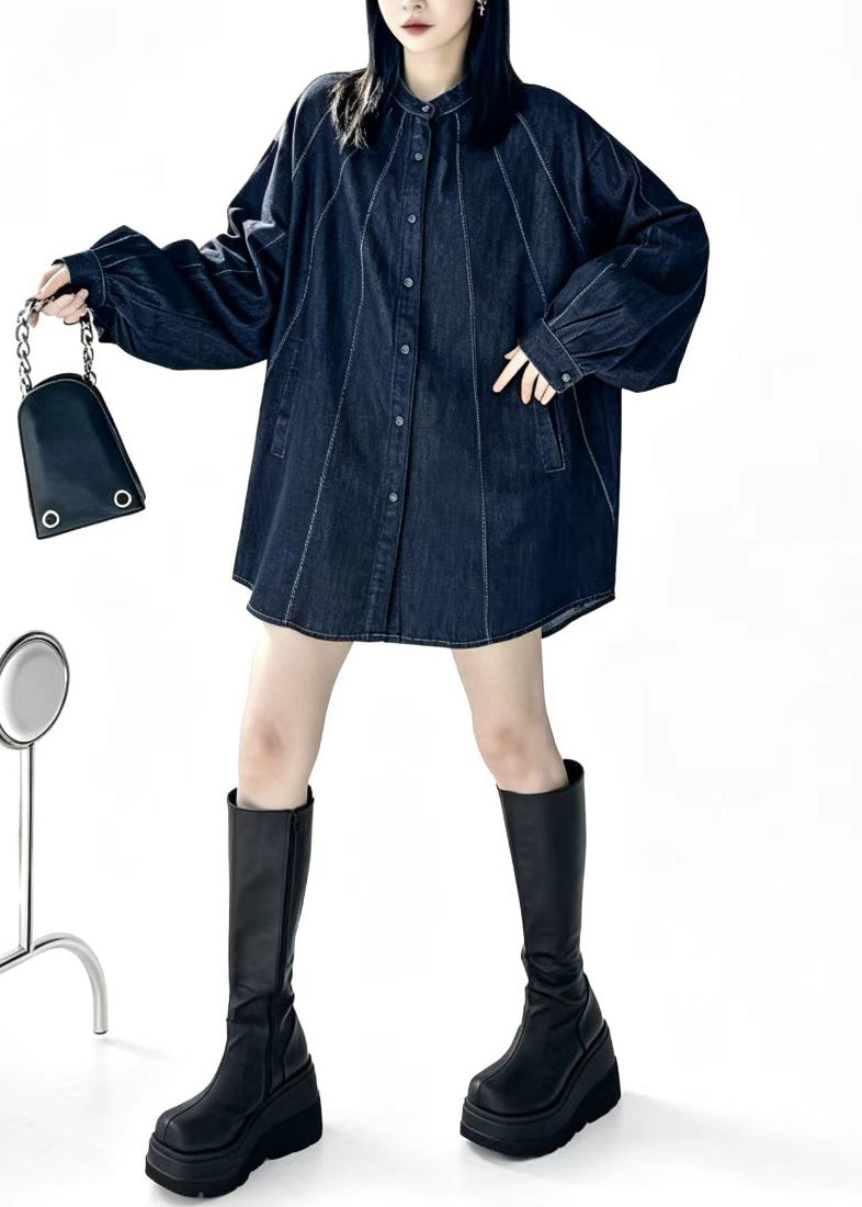 Simple Navy Oversized Topstitching Denim Long Shirt Long Sleeves