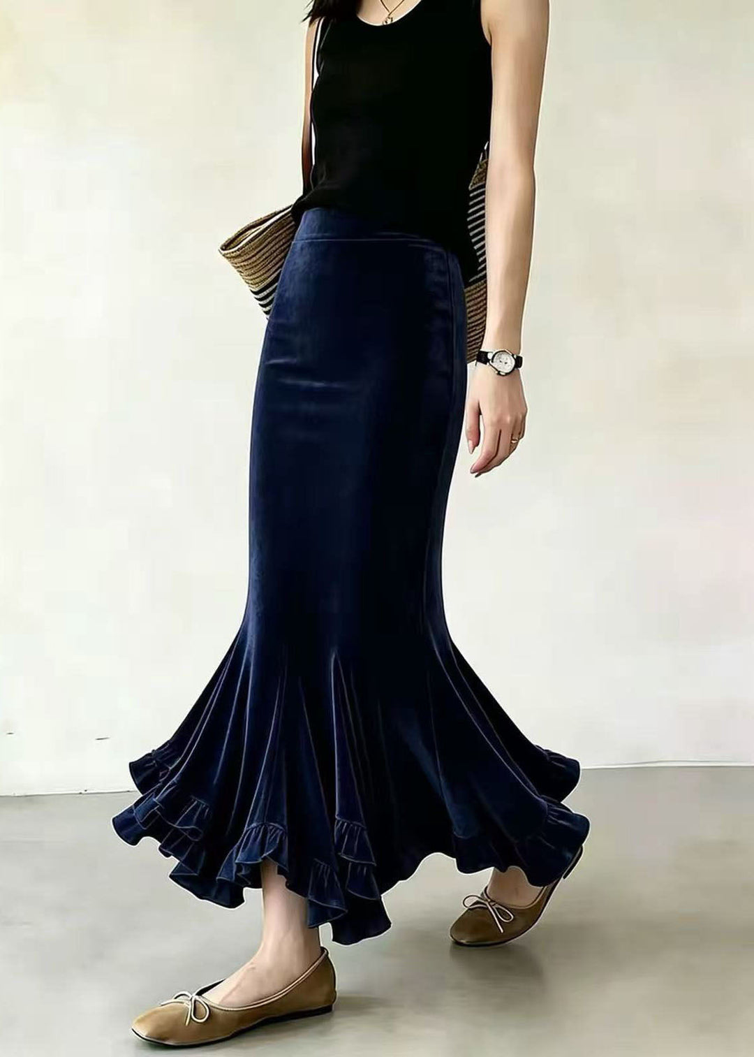 Simple Navy Ruffled Asymmetrical Silk Velvet Mermaid Skirts Fall