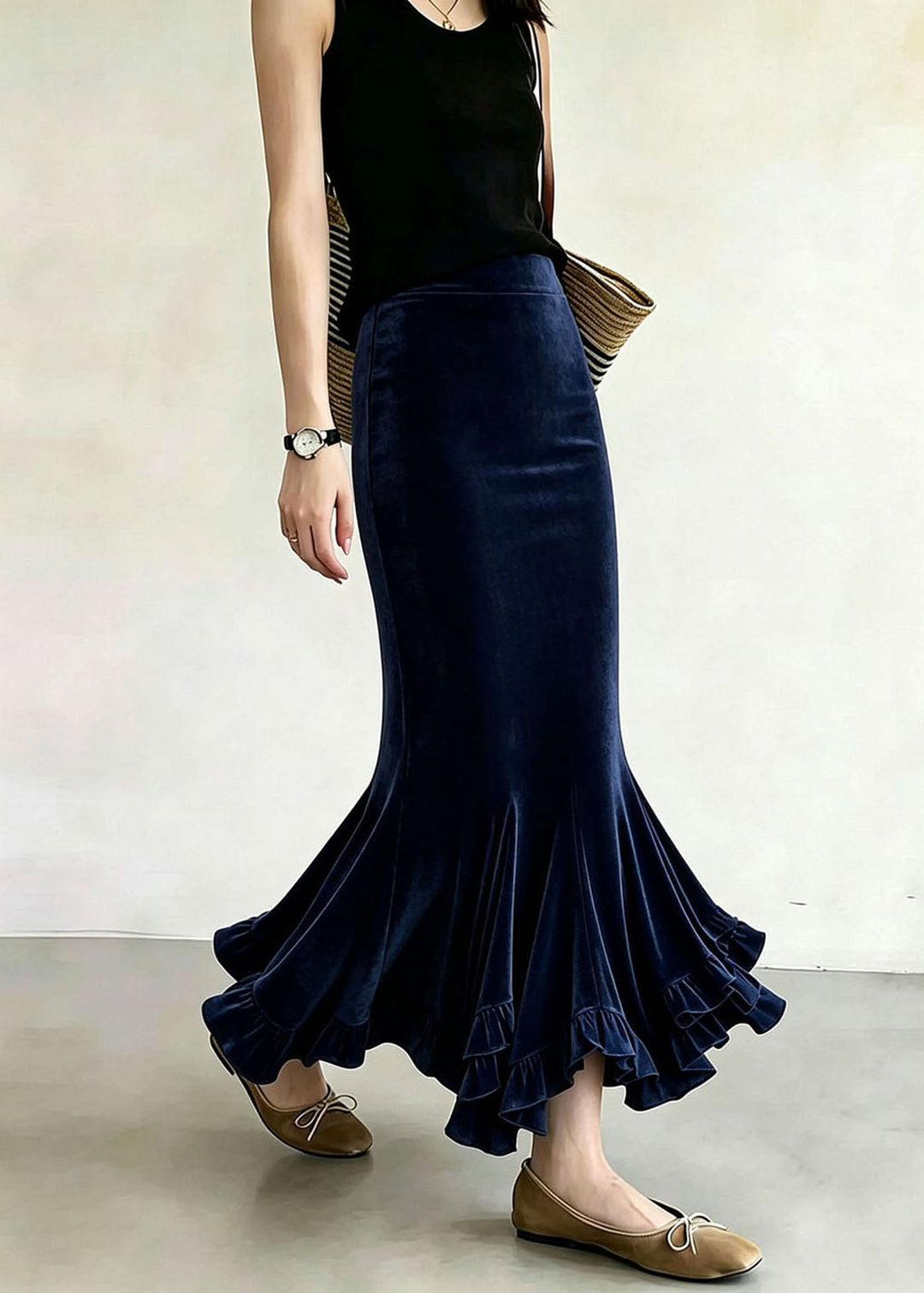Simple Navy Ruffled Asymmetrical Silk Velvet Mermaid Skirts Fall