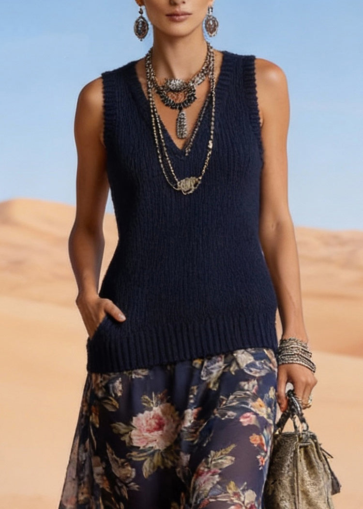 Simple Navy V Neck Print Chiffon Patchwork Knit Long Dress Summer - Omychic