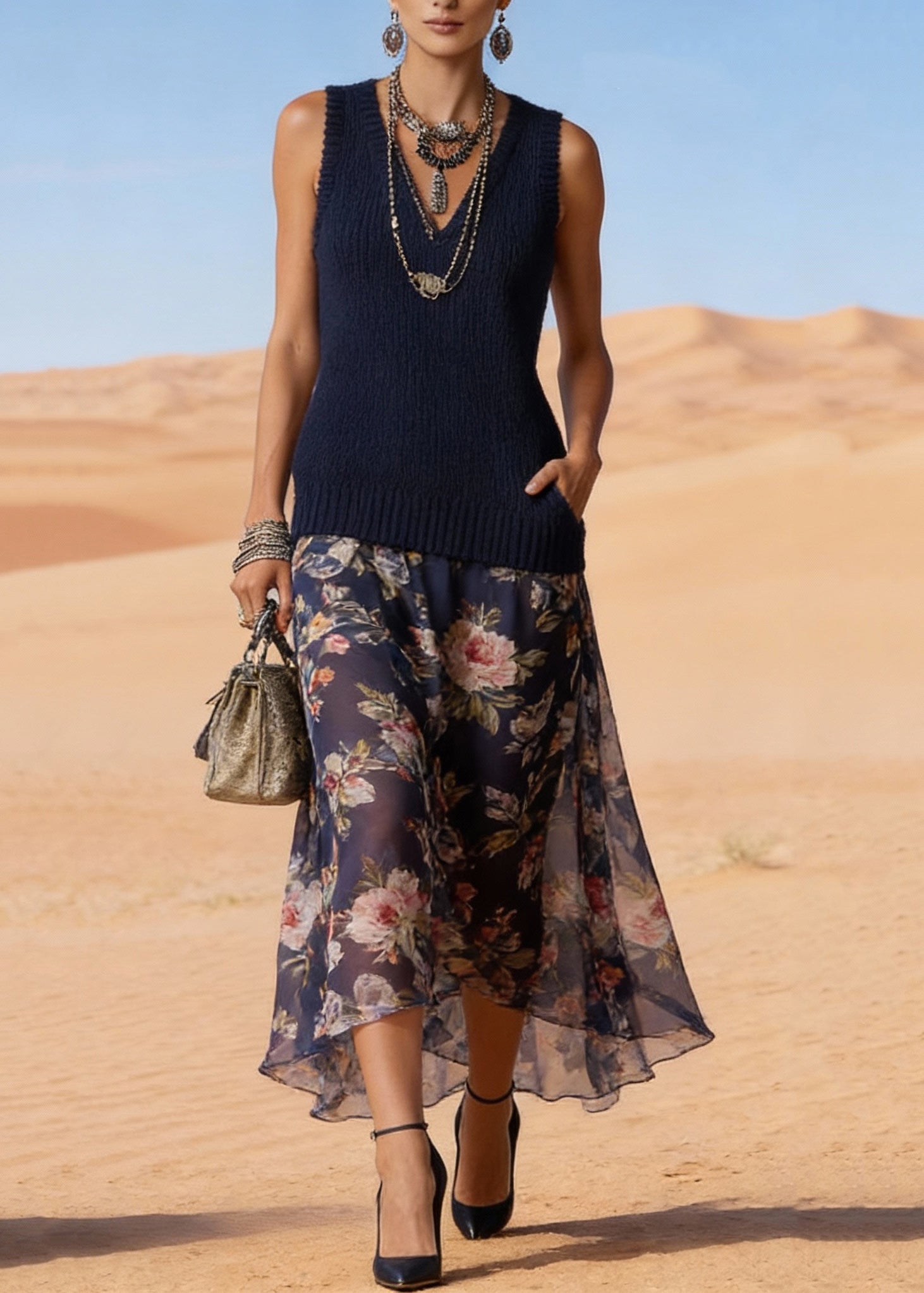 Simple Navy V Neck Print Chiffon Patchwork Knit Long Dress Summer - Omychic