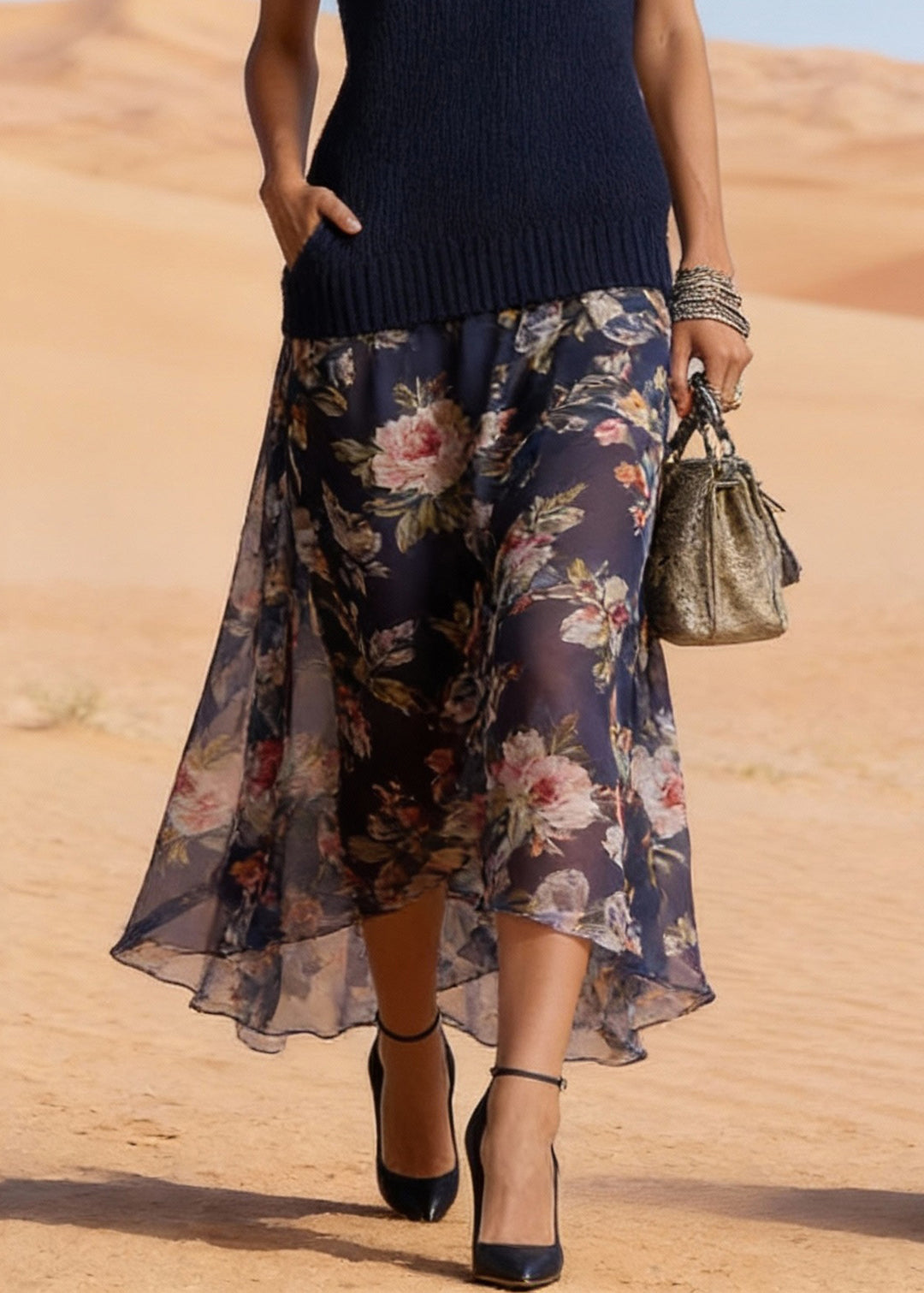 Simple Navy V Neck Print Chiffon Patchwork Knit Long Dress Summer - Omychic