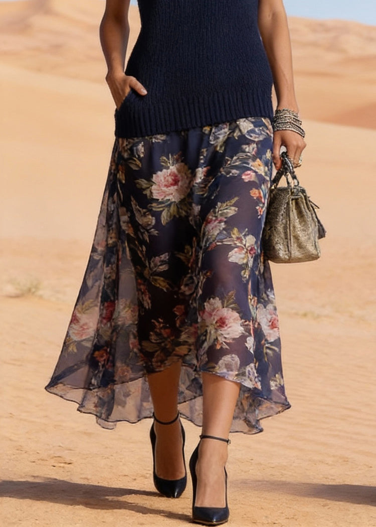 Simple Navy V Neck Print Chiffon Patchwork Knit Long Dress Summer - Omychic