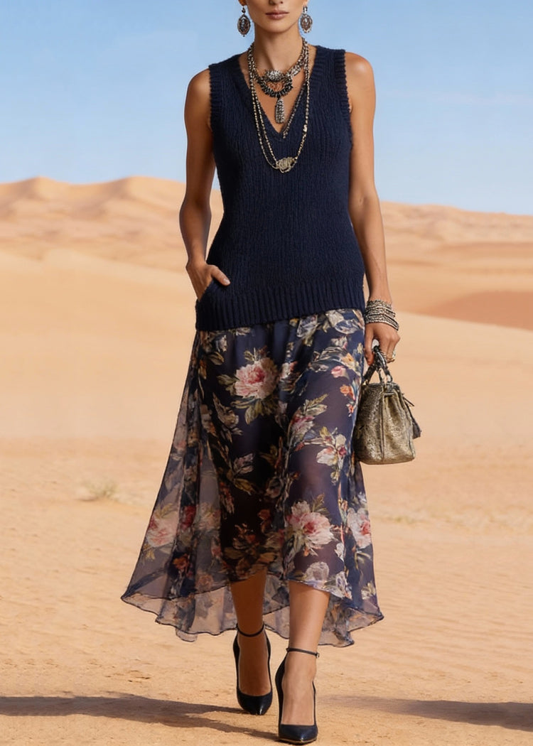 Simple Navy V Neck Print Chiffon Patchwork Knit Long Dress Summer - Omychic