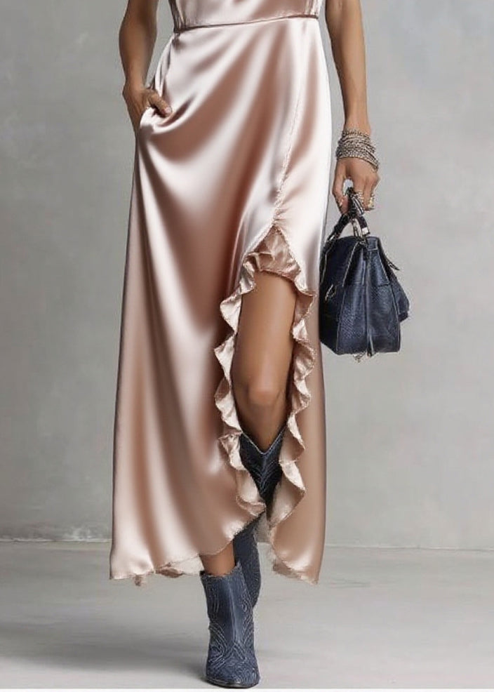 Simple Nude Ruffled Side Open Silk Long Dresses Sleeveless