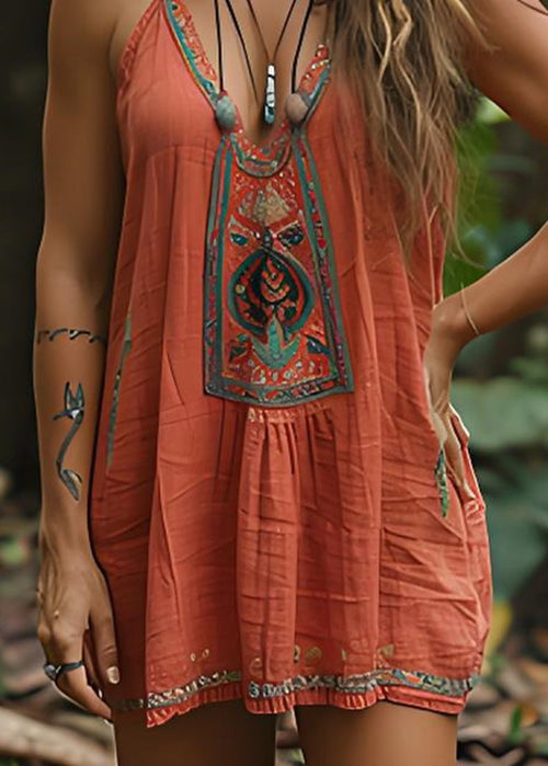 Simple Orange V Neck Print Cotton Spaghetti Strap Dress Summer