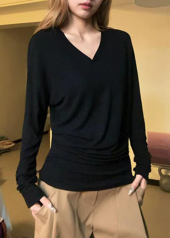 Simple Orange V Neck Solid Cotton T Shirt Fall