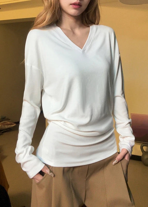 Simple Orange V Neck Solid Cotton T Shirt Fall