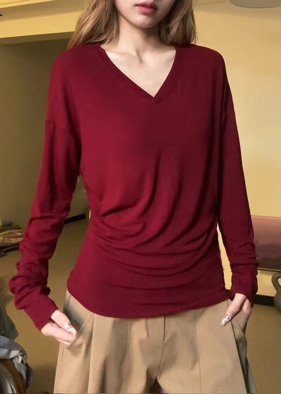 Simple Orange V Neck Solid Cotton T Shirt Fall