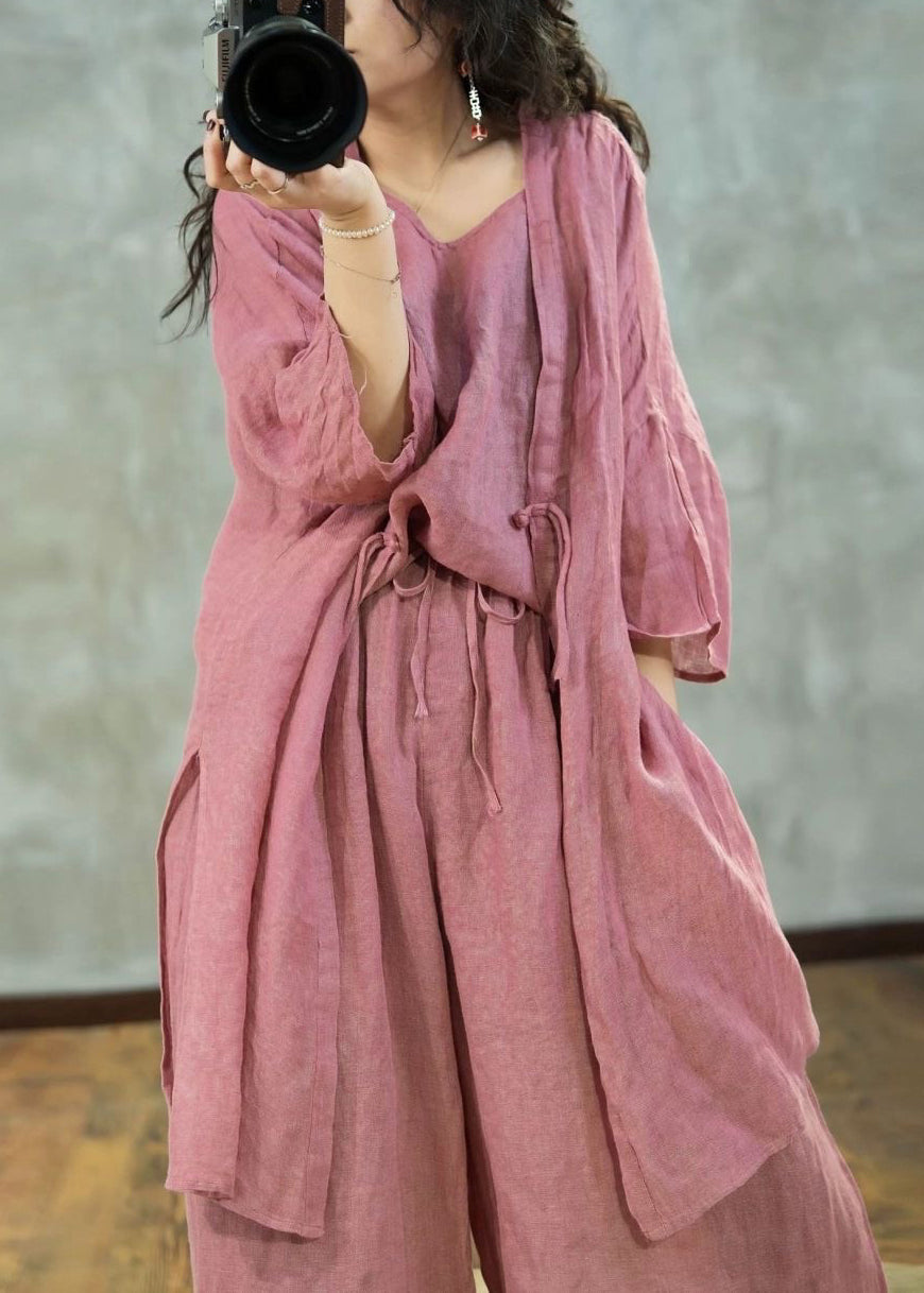 Simple Photo Color V Neck Button Side Open Cotton 3 Piece Outfit Bracelet Sleeve