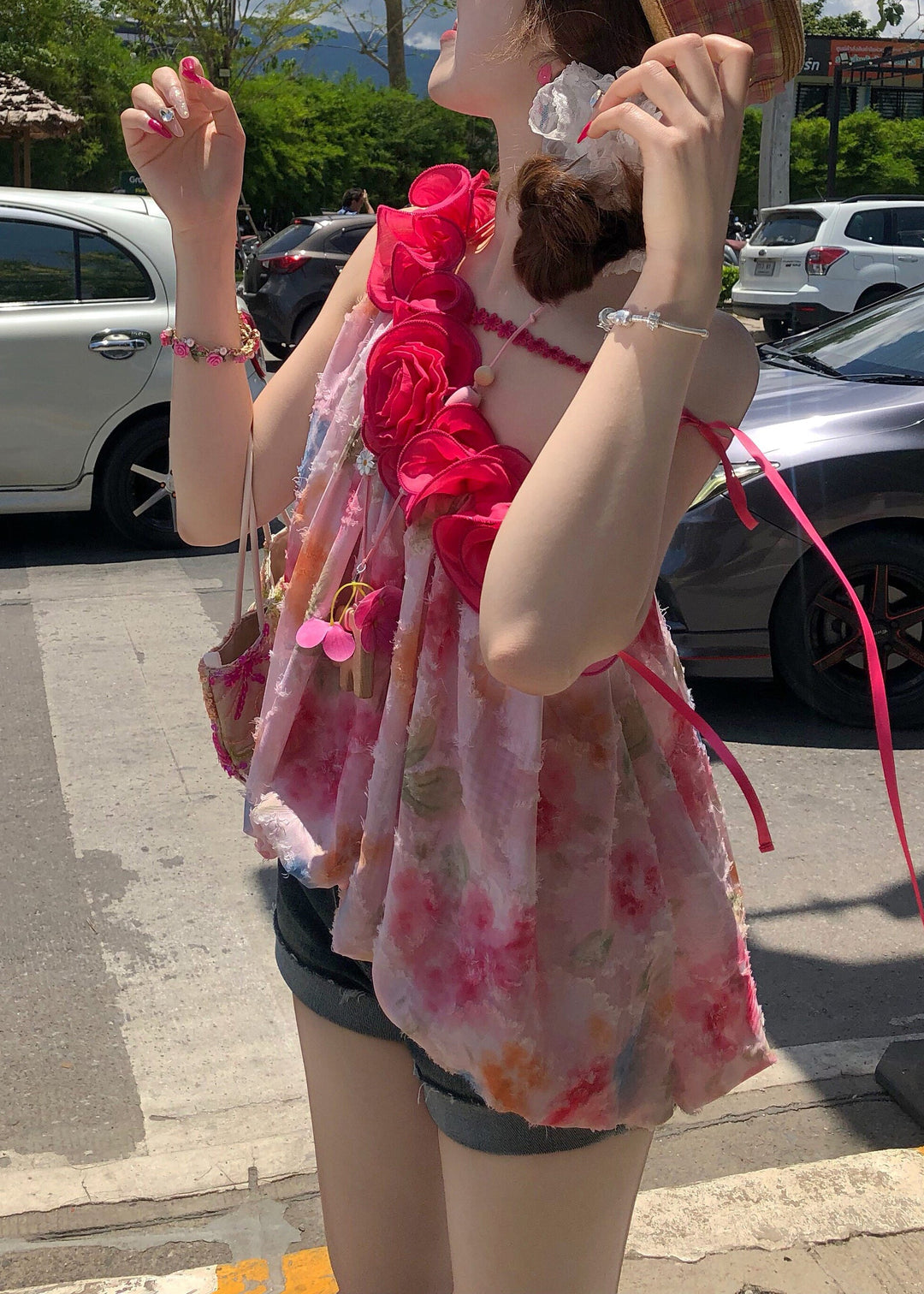 Simple Pink Floral One Shoulder Print Chiffon Tanks Sleeveless