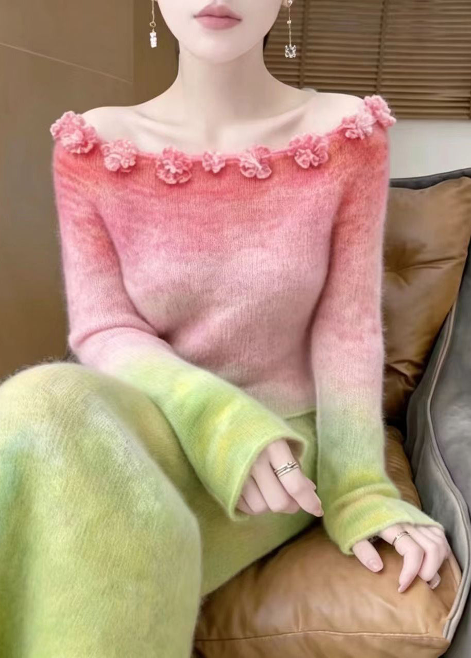 Simple Pink Gradient Slash Neck Floral Knit Knit Sweater Long Sleeve