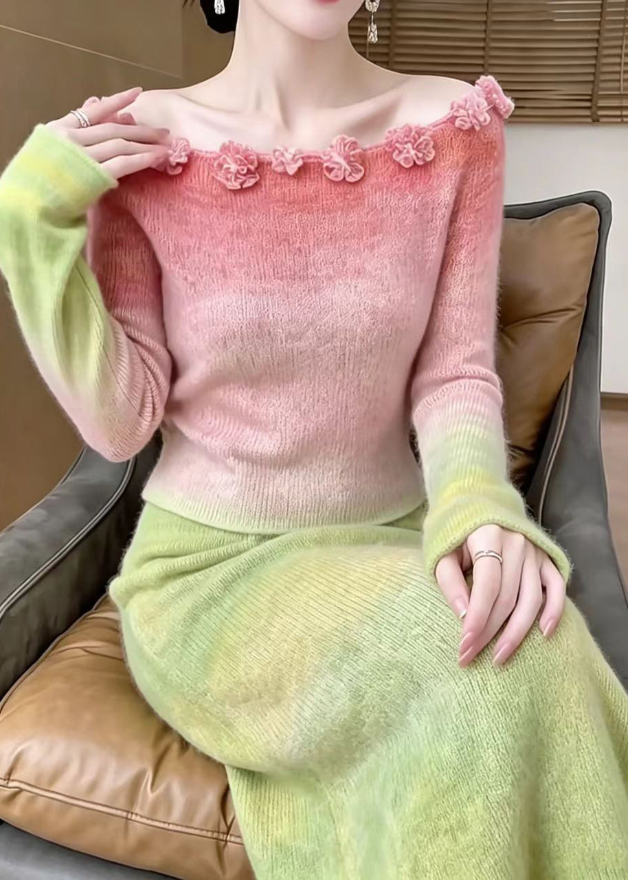 Simple Pink Gradient Slash Neck Floral Knit Knit Sweater Long Sleeve
