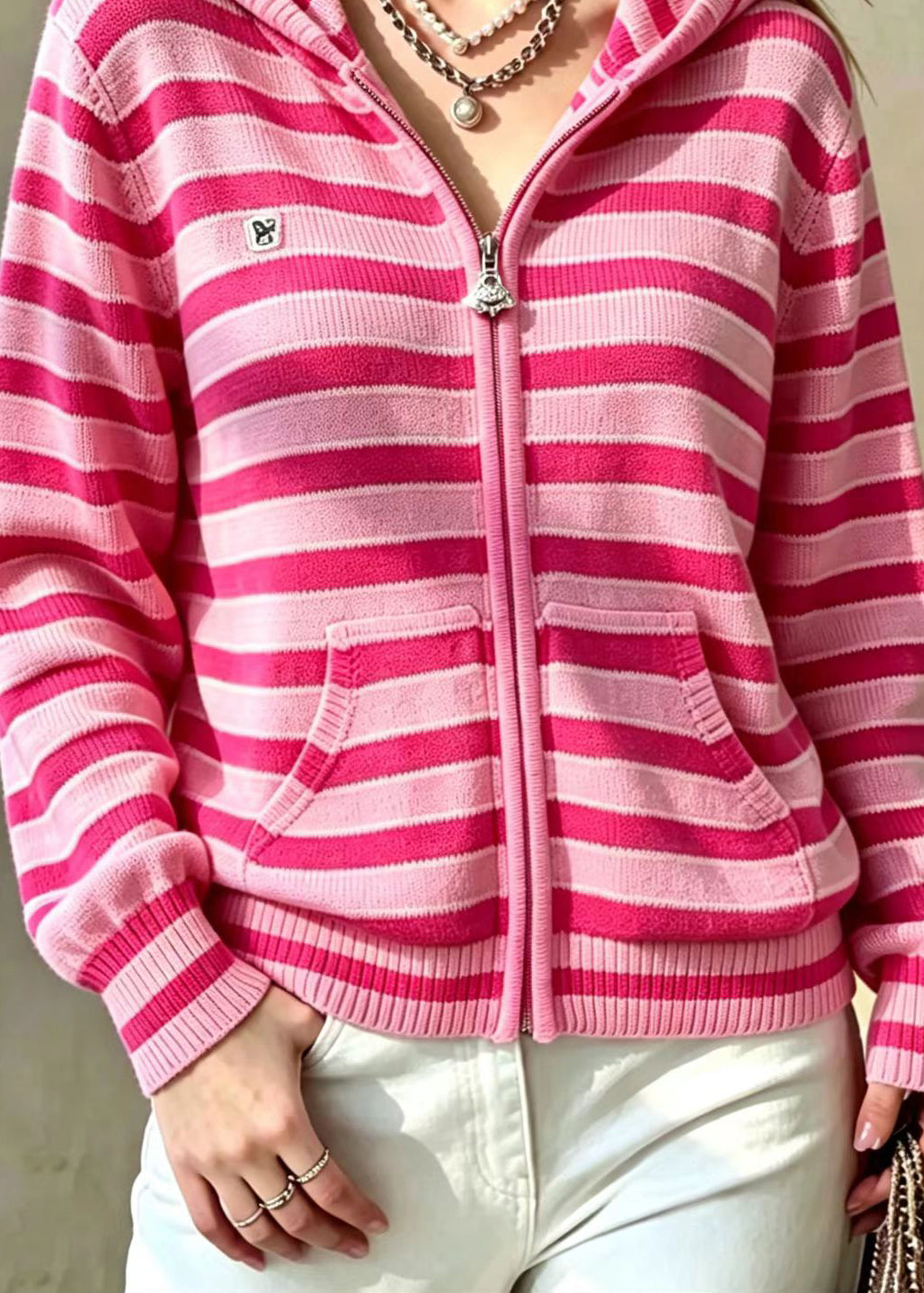 Simple Pink Hooded Striped Zip Up Knit Cardigan Fall
