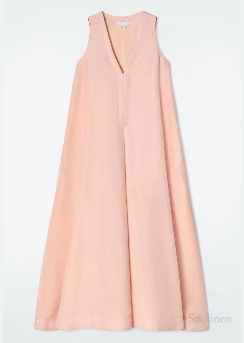 Simple Pink Oversized A Line Dress V Neck Sleeveless