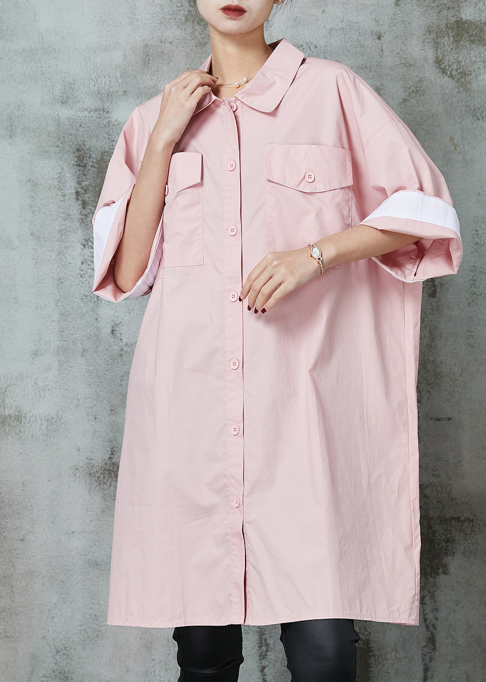 Simple Pink Oversized Cotton Shirt Dress Spring