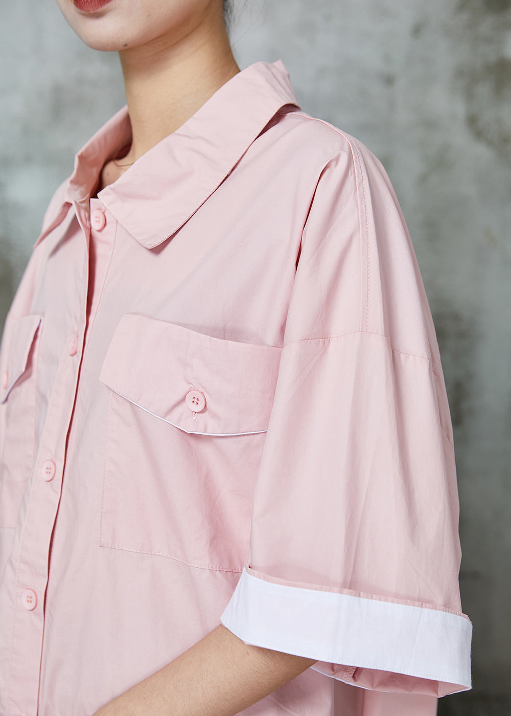 Simple Pink Oversized Cotton Shirt Dress Spring