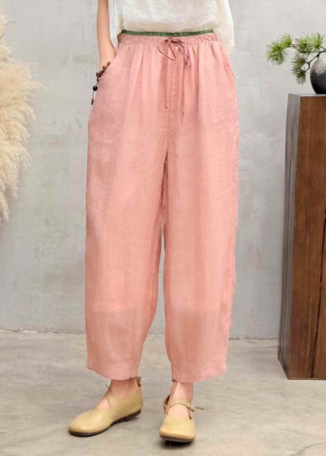 Simple Pink Oversized Linen Harem Pants Trousers Summer