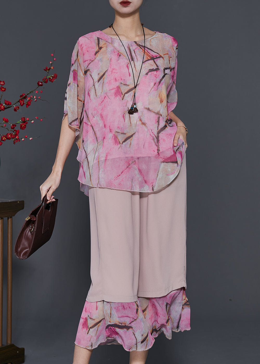 Simple Pink Oversized Patchwork Chiffon Two Piece Suit Set Summer