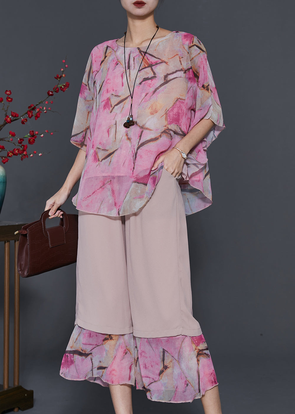 Simple Pink Oversized Patchwork Chiffon Two Piece Suit Set Summer