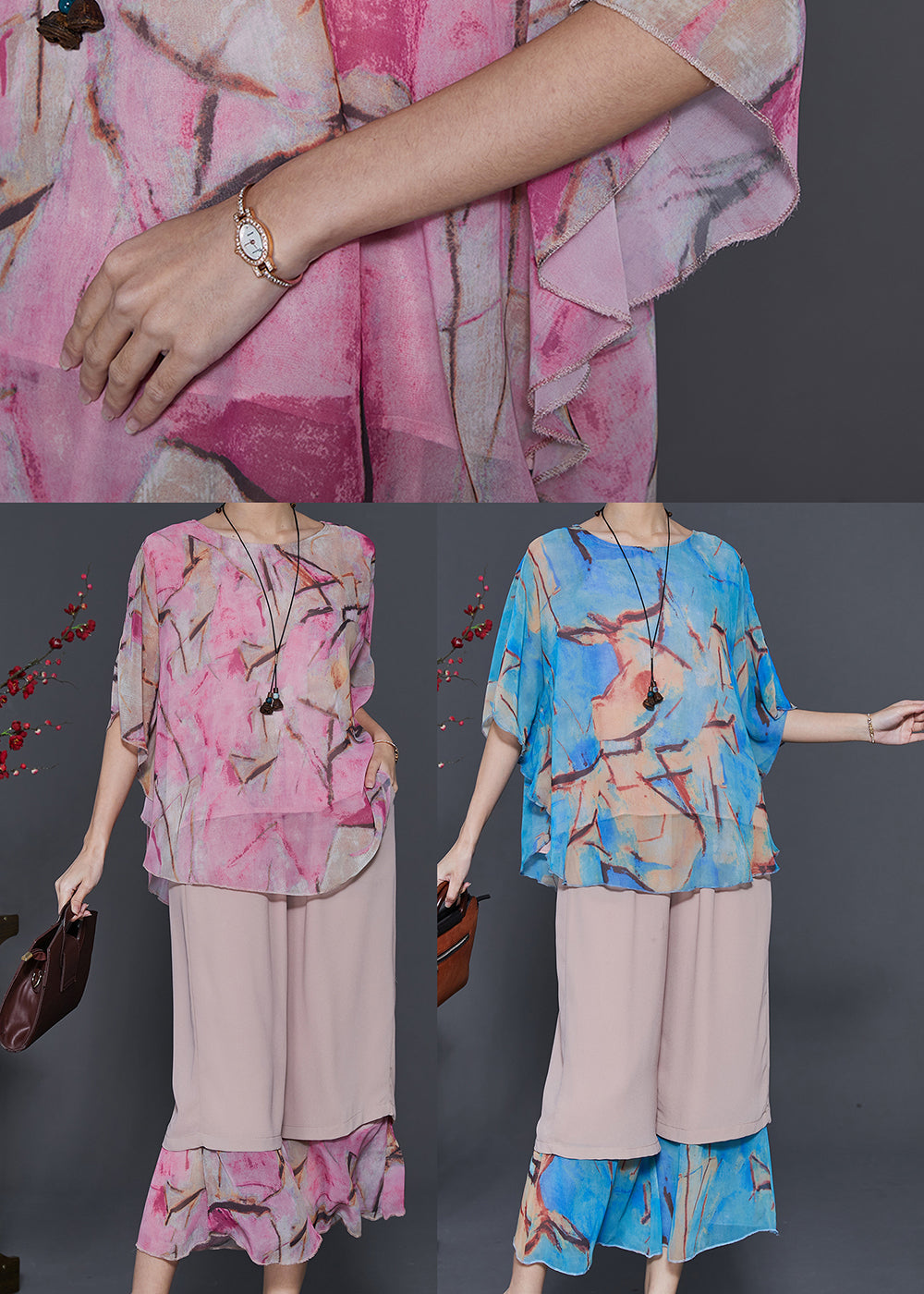 Simple Pink Oversized Patchwork Chiffon Two Piece Suit Set Summer