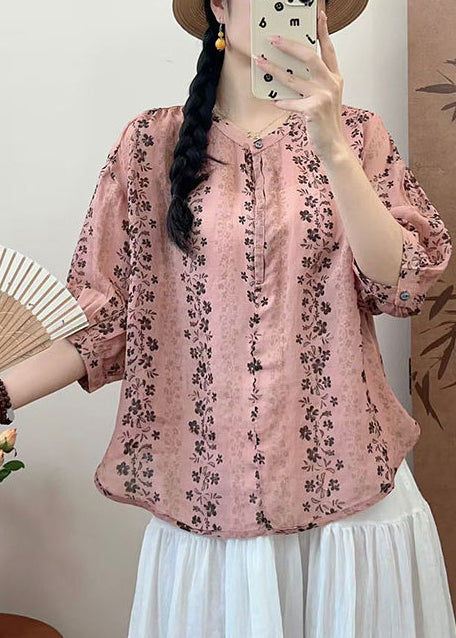Simple Pink Oversized Print Linen Shirt Summer
