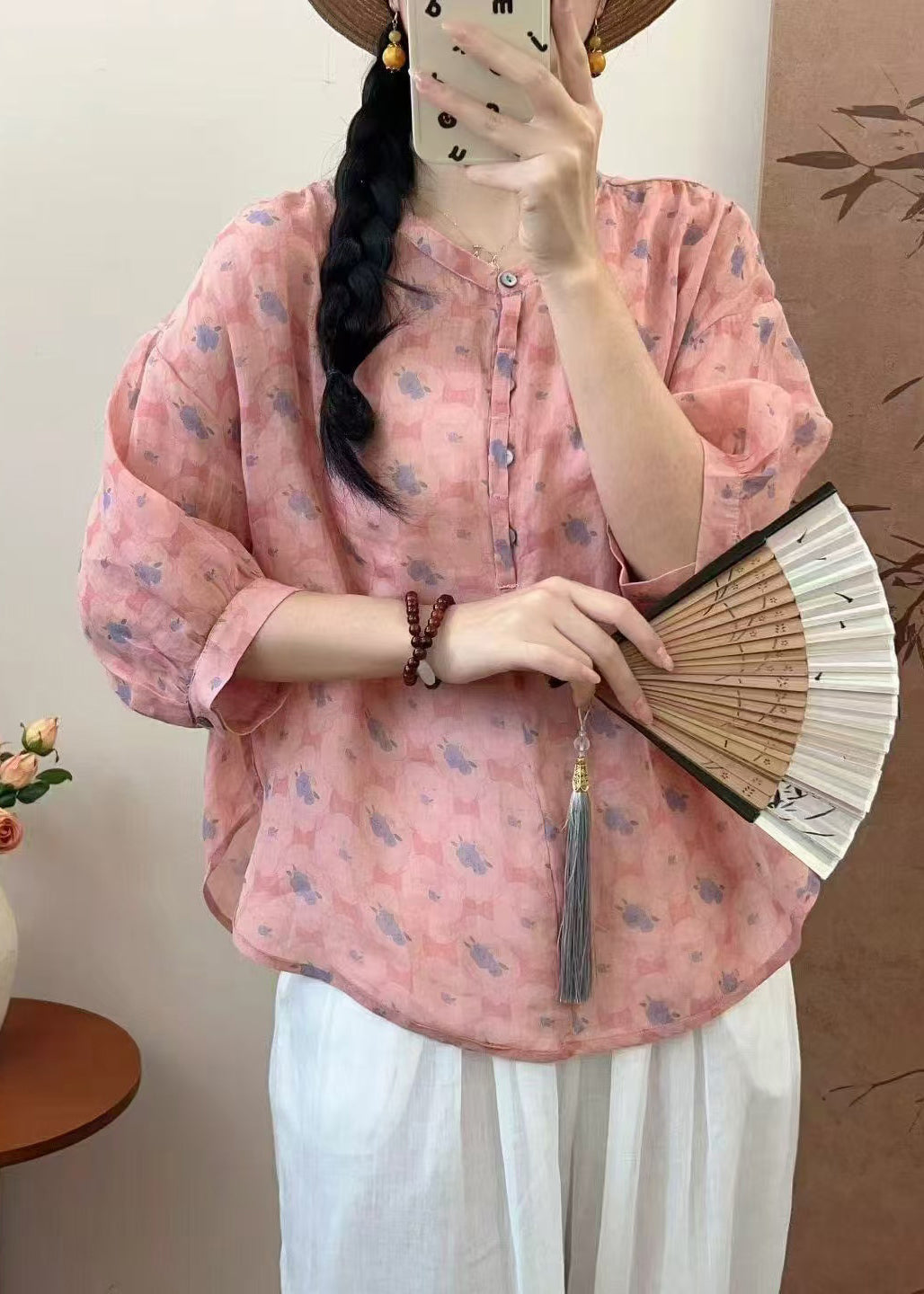 Simple Pink Oversized Print Linen Shirt Summer